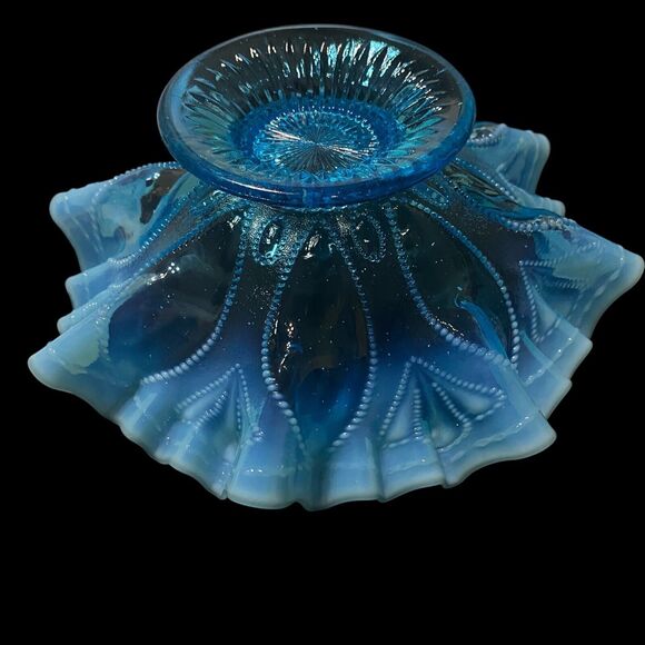 Nothwood Opalescent Blue Antique Glass Roulette Bowl 1906 Crimped Ruffled Edge - Picture 5 of 10